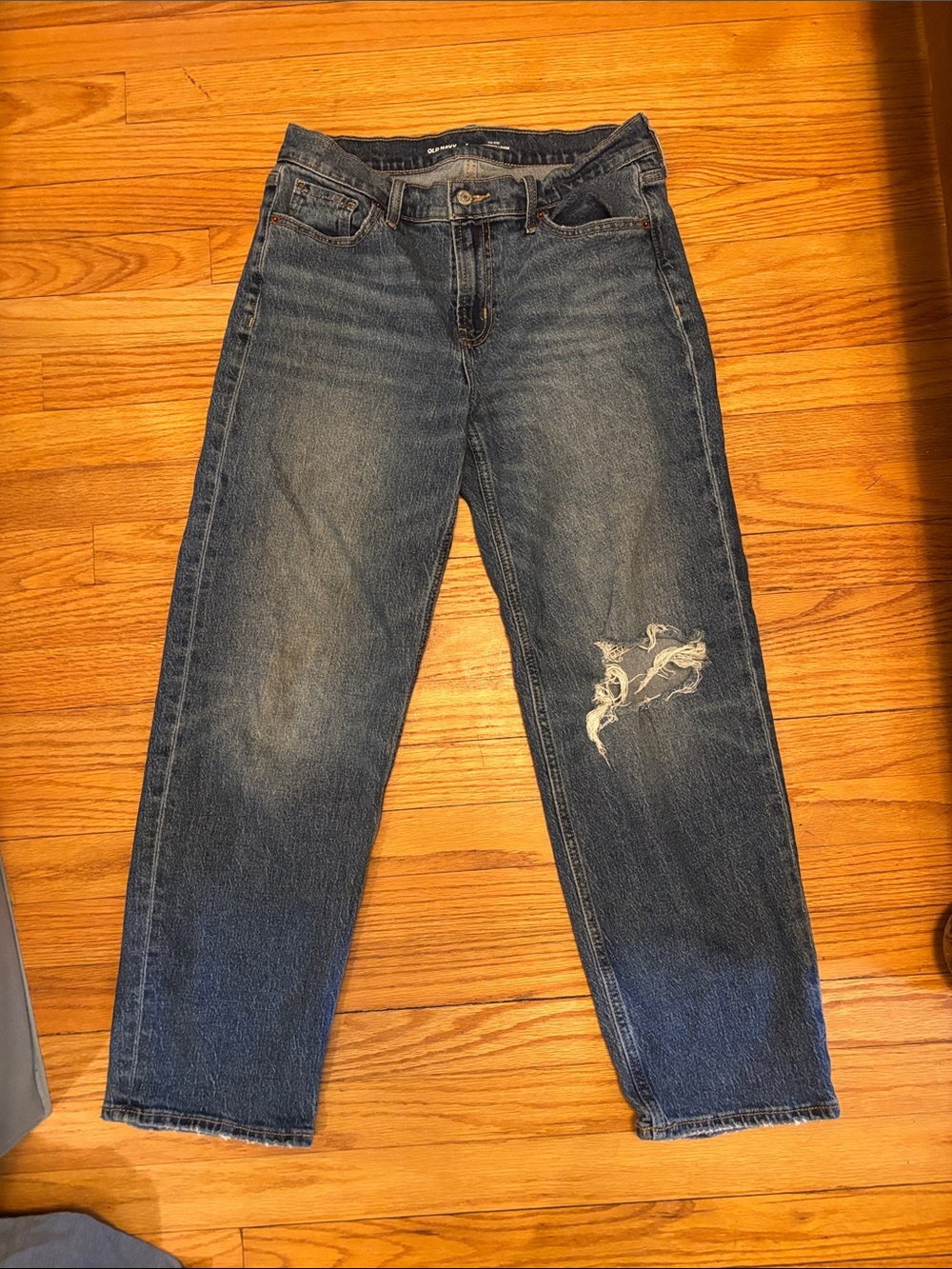 Old Navy Women's Boyfriend Jeans in Dark Blue with Knee Distress